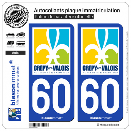 2 Autocollants plaque immatriculation Auto 60 Crépy-en-Valois - Ville