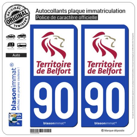 2 Autocollants plaque immatriculation Auto 90 Territoire de Belfort - Département