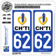 2 Autocollants plaque immatriculation Auto 62 Nord-Pas de Calais - Ch'Ti