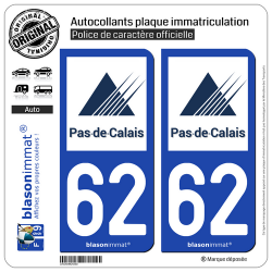 2 Autocollants plaque immatriculation Auto 62 Pas-de-Calais - Département