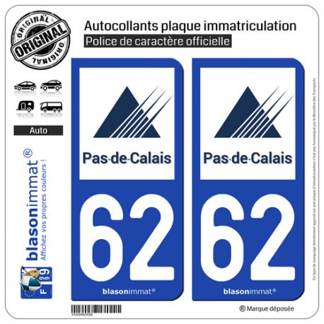 2 Autocollants plaque immatriculation Auto 62 Pas-de-Calais - Département