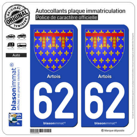 2 Autocollants plaque immatriculation Auto 62 Artois - Armoiries