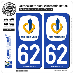 2 Autocollants plaque immatriculation Auto 62 Nord-Pas de Calais - Région