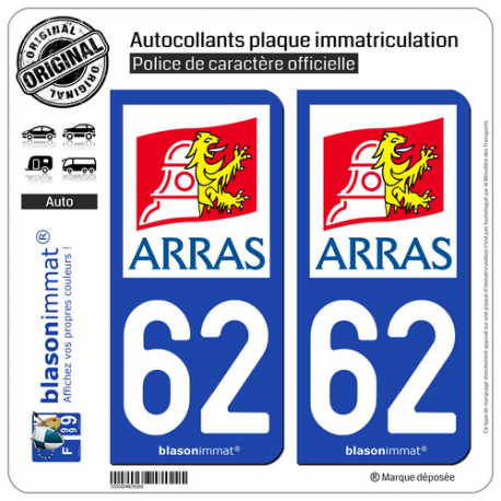2 Autocollants plaque immatriculation Auto 62 Arras - Ville
