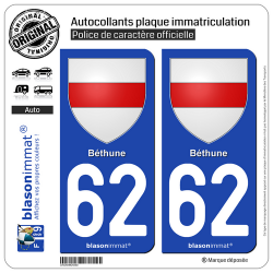 2 Autocollants plaque immatriculation Auto 62 Béthune - Armoiries