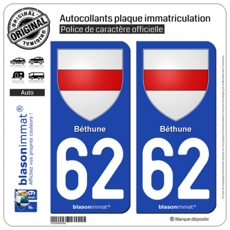 2 Autocollants plaque immatriculation Auto 62 Béthune - Armoiries