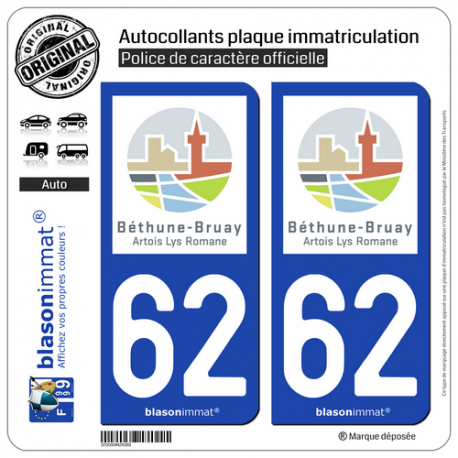 2 Autocollants plaque immatriculation Auto 62 Béthune - Agglo
