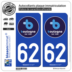 2 Autocollants plaque immatriculation Auto 62 Boulogne-sur-Mer - Ville