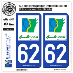 2 Autocollants plaque immatriculation Auto 62 Boulogne-sur-Mer - Agglo