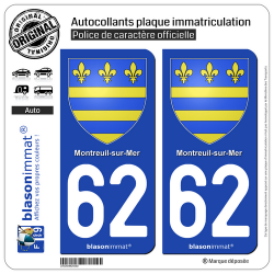2 Autocollants plaque immatriculation Auto 62 Montreuil-sur-Mer - Armoiries