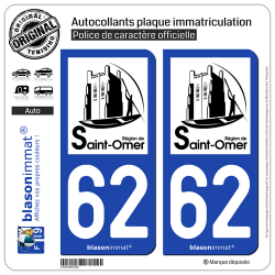 2 Autocollants plaque immatriculation Auto 62 Saint-Omer - Tourisme