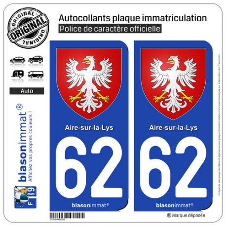 2 Autocollants plaque immatriculation Auto 62 Aire-sur-la-Lys - Armoiries