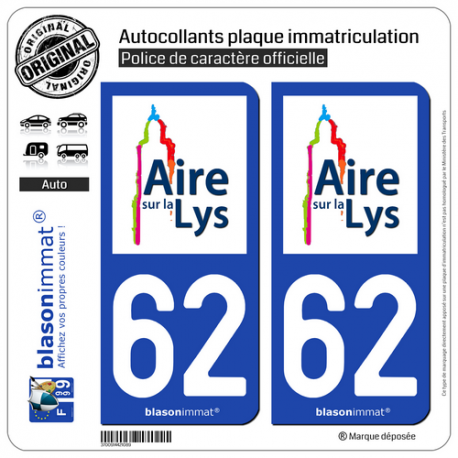 2 Autocollants plaque immatriculation Auto 62 Aire-sur-la-Lys - Ville