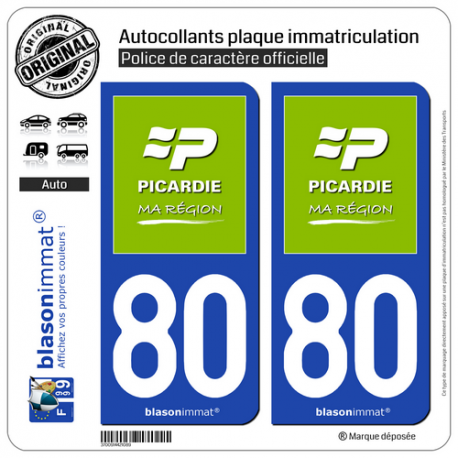2 Autocollants plaque immatriculation Auto 80 Picardie - Ma Région
