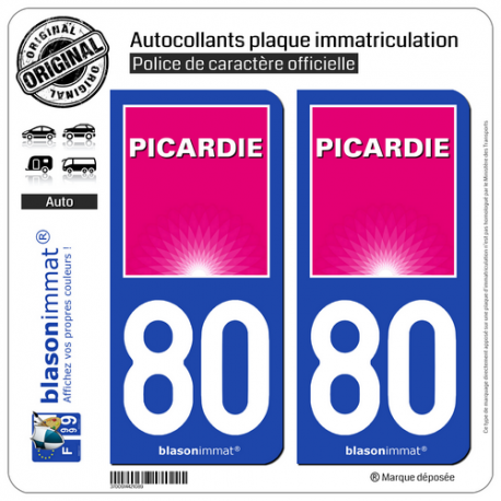 2 Autocollants plaque immatriculation Auto 80 Picardie - Tourisme