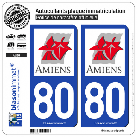 2 Autocollants plaque immatriculation Auto 80 Amiens - Ville