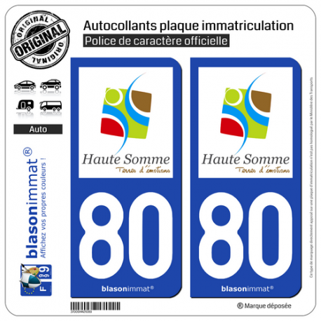 2 Autocollants plaque immatriculation Auto 80 Haute Somme - Terres