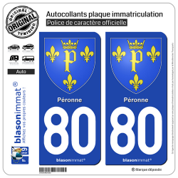 2 Autocollants plaque immatriculation Auto 80 Péronne - Armoiries