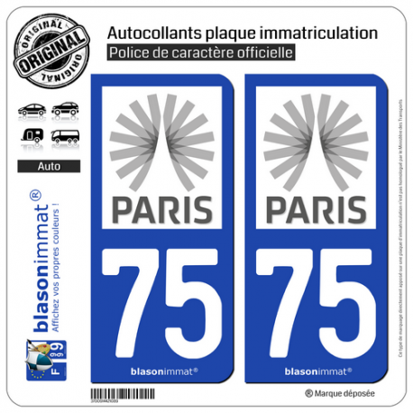 2 Autocollants plaque immatriculation Auto 75 Île-de-France - Tourisme