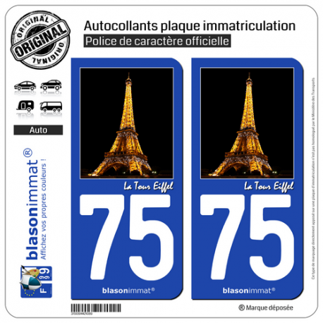 2 Autocollants plaque immatriculation Auto 75 Paris - Tour Eiffel
