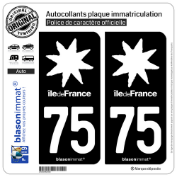 2 Autocollants plaque immatriculation Auto 75 Ile de France - LogoType Black