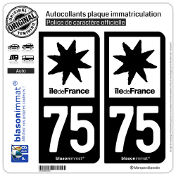 2 Autocollants plaque immatriculation Auto 75 Ile de France - LogoType N&B