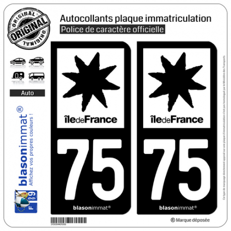 2 Autocollants plaque immatriculation Auto 75 Ile de France - LogoType N&B