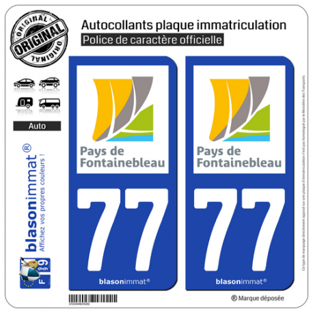 2 Autocollants plaque immatriculation Auto 77 Fontainebleau - Agglo