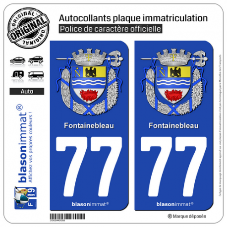 2 Autocollants plaque immatriculation Auto 77 Fontainebleau - Armoiries