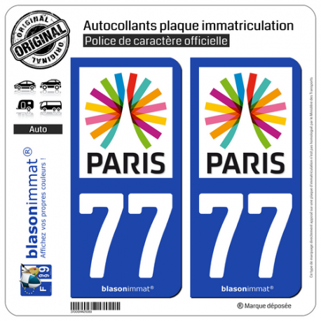 2 Autocollants plaque immatriculation Auto 77 Île-de-France - Paris Région