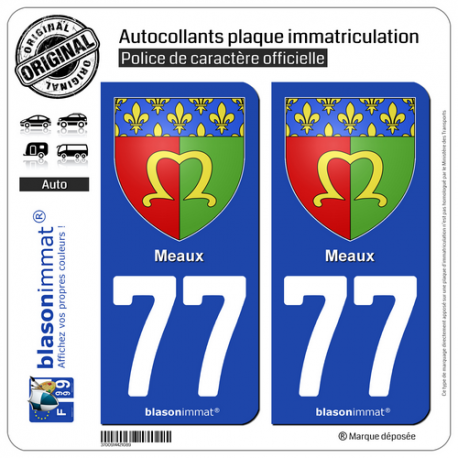 2 Autocollants plaque immatriculation Auto 77 Meaux - Armoiries