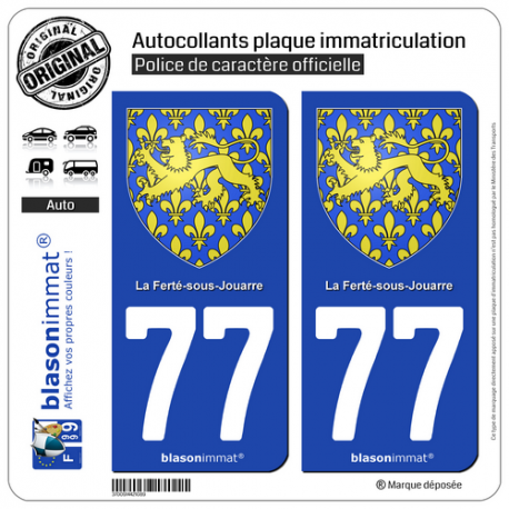 2 Autocollants plaque immatriculation Auto 77 La Ferté-sous-Jouarre - Armoiries