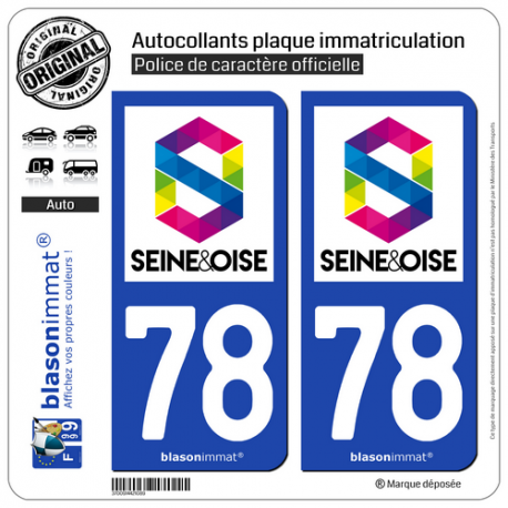2 Autocollants plaque immatriculation Auto 78 Seine et Oise - Agglo