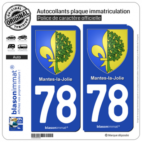 2 Autocollants plaque immatriculation Auto 78 Mantes-la-Jolie - Armoiries