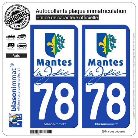 2 Autocollants plaque immatriculation Auto 78 Mantes-la-Jolie - Ville