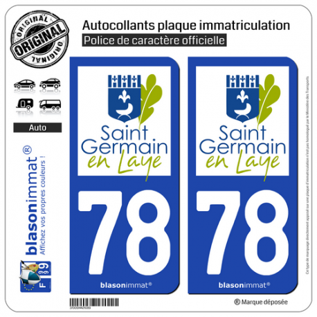 2 Autocollants plaque immatriculation Auto 78 Saint-Germain-en-Laye - Ville