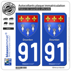 2 Autocollants plaque immatriculation Auto 91 Dourdan - Armoiries