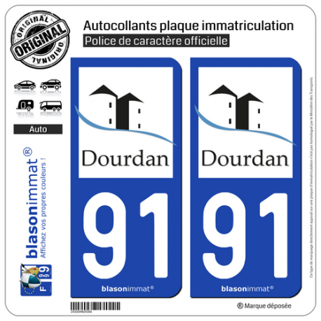 2 Autocollants plaque immatriculation Auto 91 Dourdan - Commune