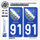 2 Autocollants plaque immatriculation Auto 91 Essonne - Armoiries