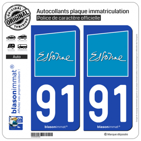 2 Autocollants plaque immatriculation Auto 91 Essonne - Département