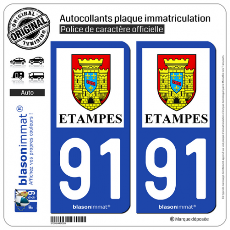 2 Autocollants plaque immatriculation Auto 91 Étampes - Ville