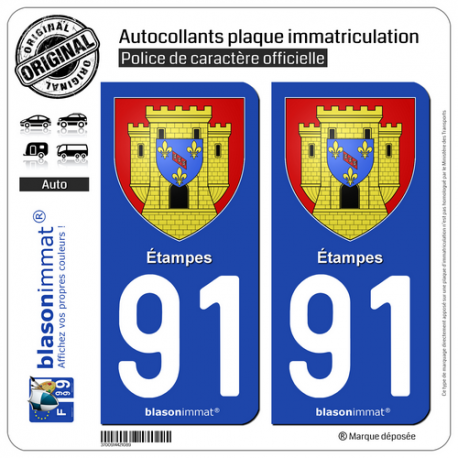 2 Autocollants plaque immatriculation Auto 91 Étampes - Armoiries