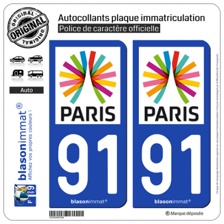 2 Autocollants plaque immatriculation Auto 91 Île-de-France - Paris Région