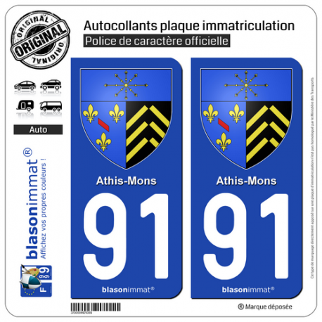 2 Autocollants plaque immatriculation Auto 91 Athis-Mons - Armoiries
