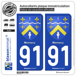 2 Autocollants plaque immatriculation Auto 91 Mennecy - Armoiries