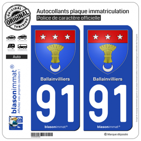 2 Autocollants plaque immatriculation Auto 91 Ballainvilliers - Armoiries