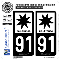 2 Autocollants plaque immatriculation Auto 91 Île de France - LogoType N&B