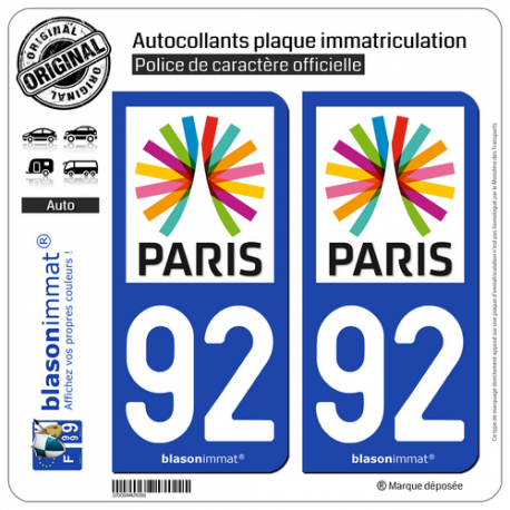 2 Autocollants plaque immatriculation Auto 92 Île-de-France - Paris Région