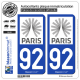 2 Autocollants plaque immatriculation Auto 92 Île-de-France - Tourisme