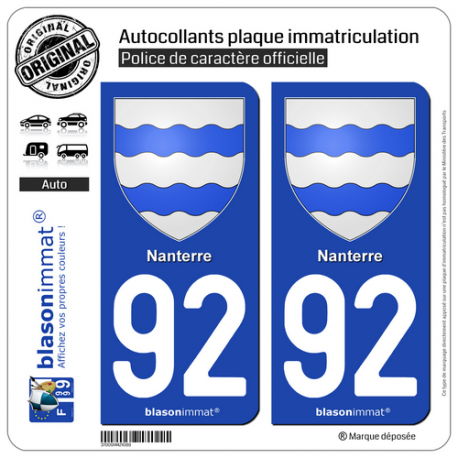 2 Autocollants plaque immatriculation Auto 92 Nanterre - Armoiries
